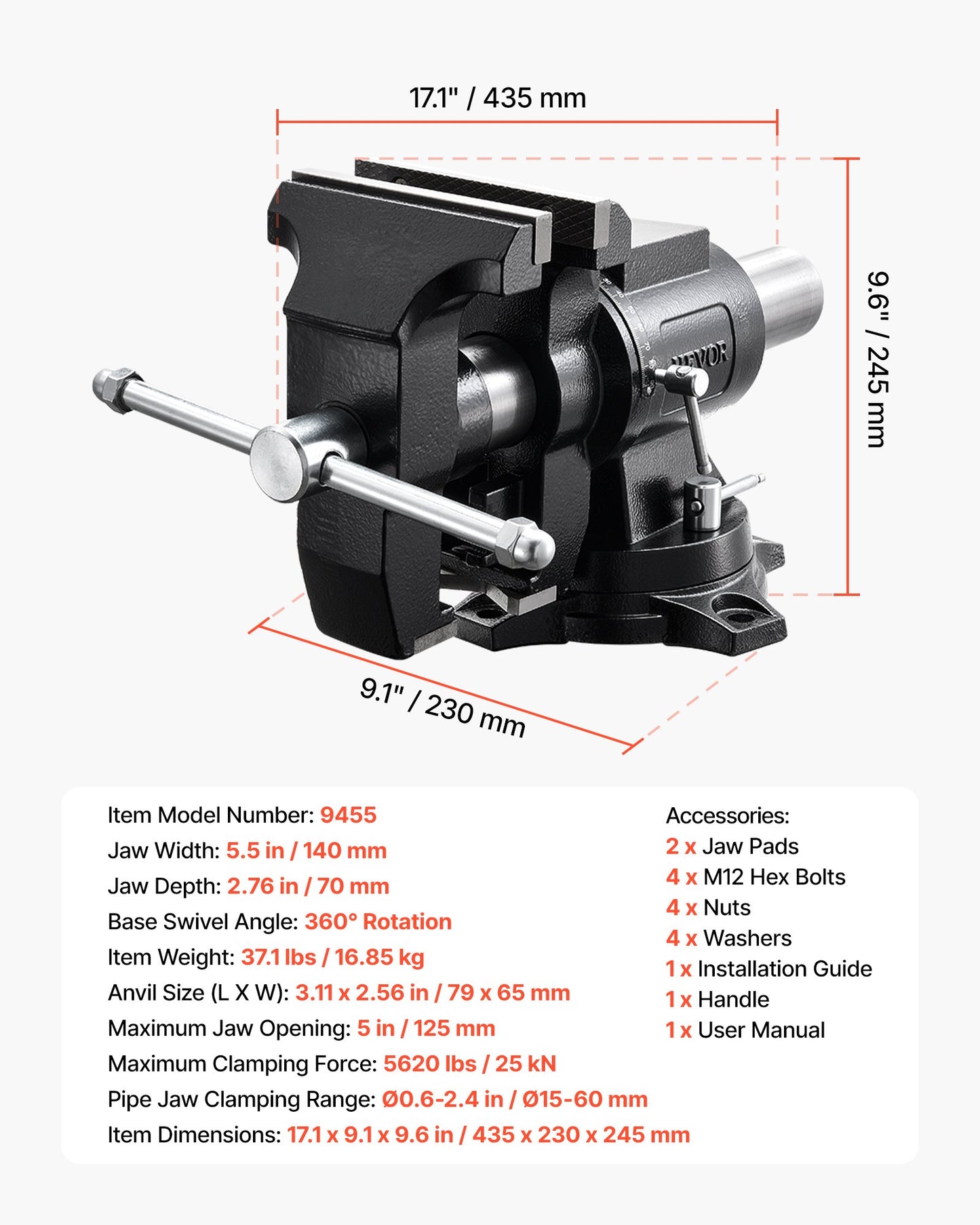 Heavy Duty Bench Vise, 140 mm Jaw Width, Double Swivel Rotating Multi-Purpose Bench Vise, with 360° Locking Swivel Base & Head, 70 mm Throat Depth, 125 mm Jaw Opening, for Drilling, Pipe Cutting