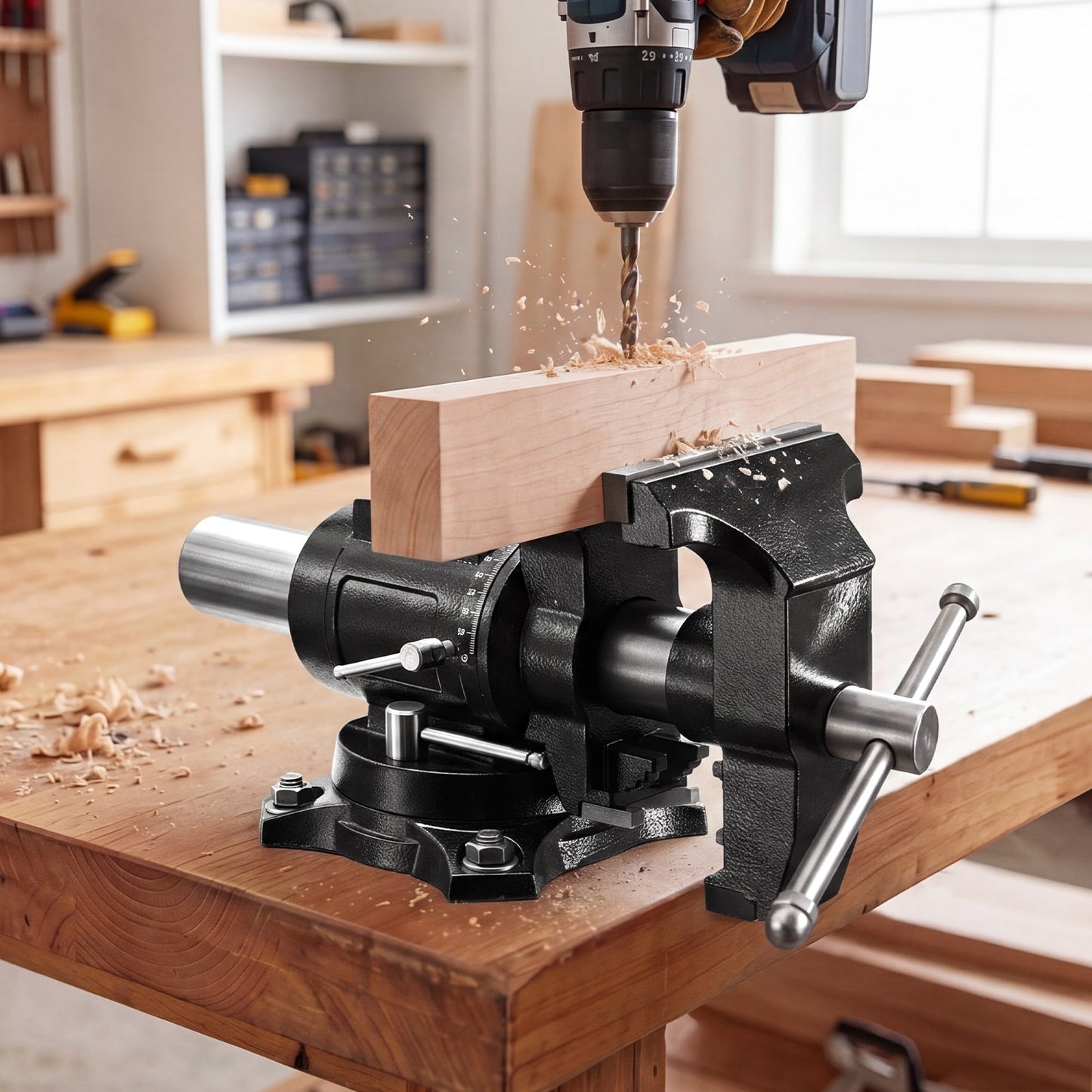 Heavy Duty Bench Vise, 140 mm Jaw Width, Double Swivel Rotating Multi-Purpose Bench Vise, with 360° Locking Swivel Base & Head, 70 mm Throat Depth, 125 mm Jaw Opening, for Drilling, Pipe Cutting