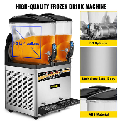 VEVOR Commercial Slush Machine Margarita Slush Maker 2x15L Frozen Drink Machine