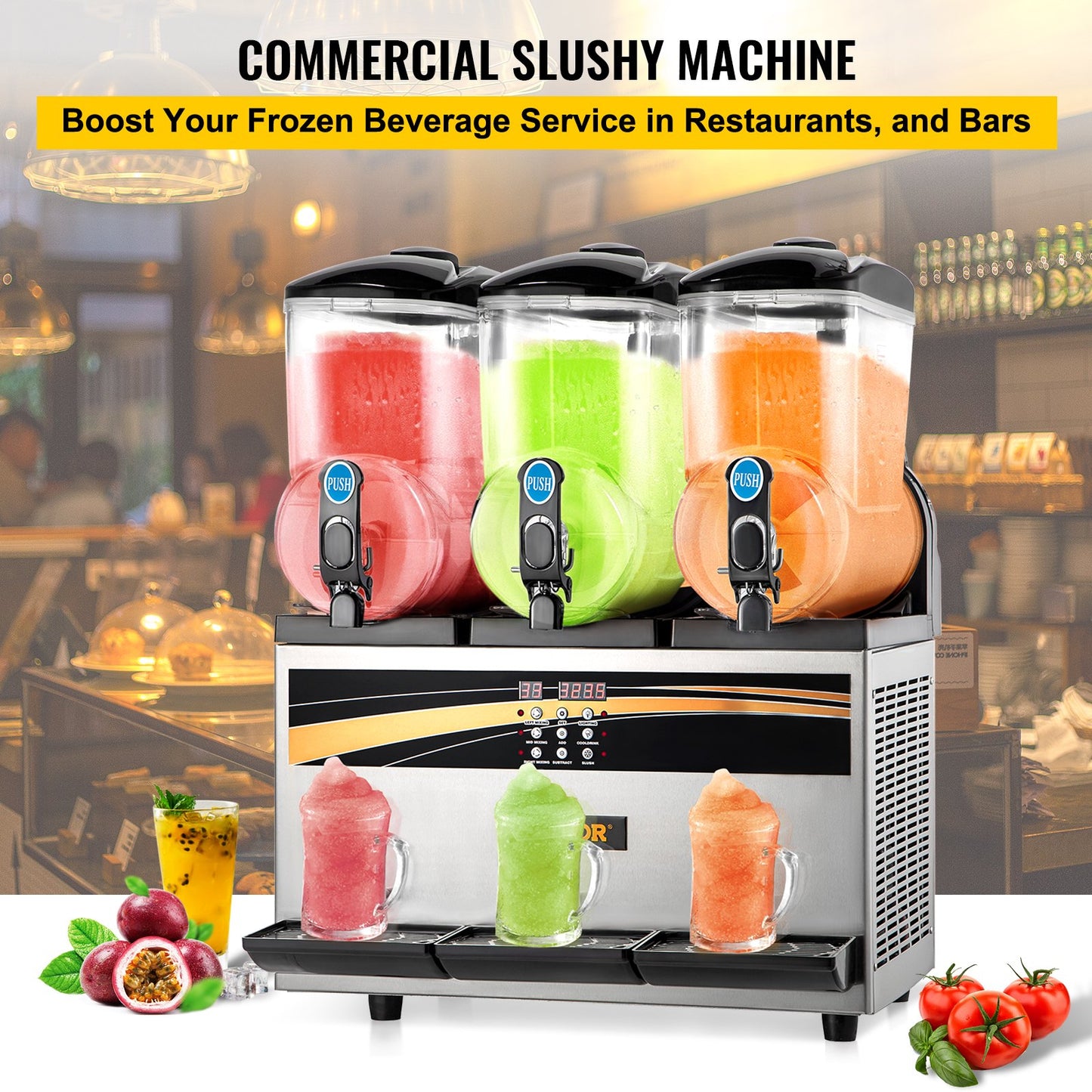 VEVOR Slush Frozen Drink Machine, 3x15L Tank Commercial Margarita Machine, 800W