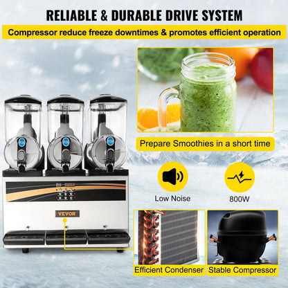 Triple 15L Tank Commercial Slush Machine, 0.8m, 84kg, 800W for Drinks