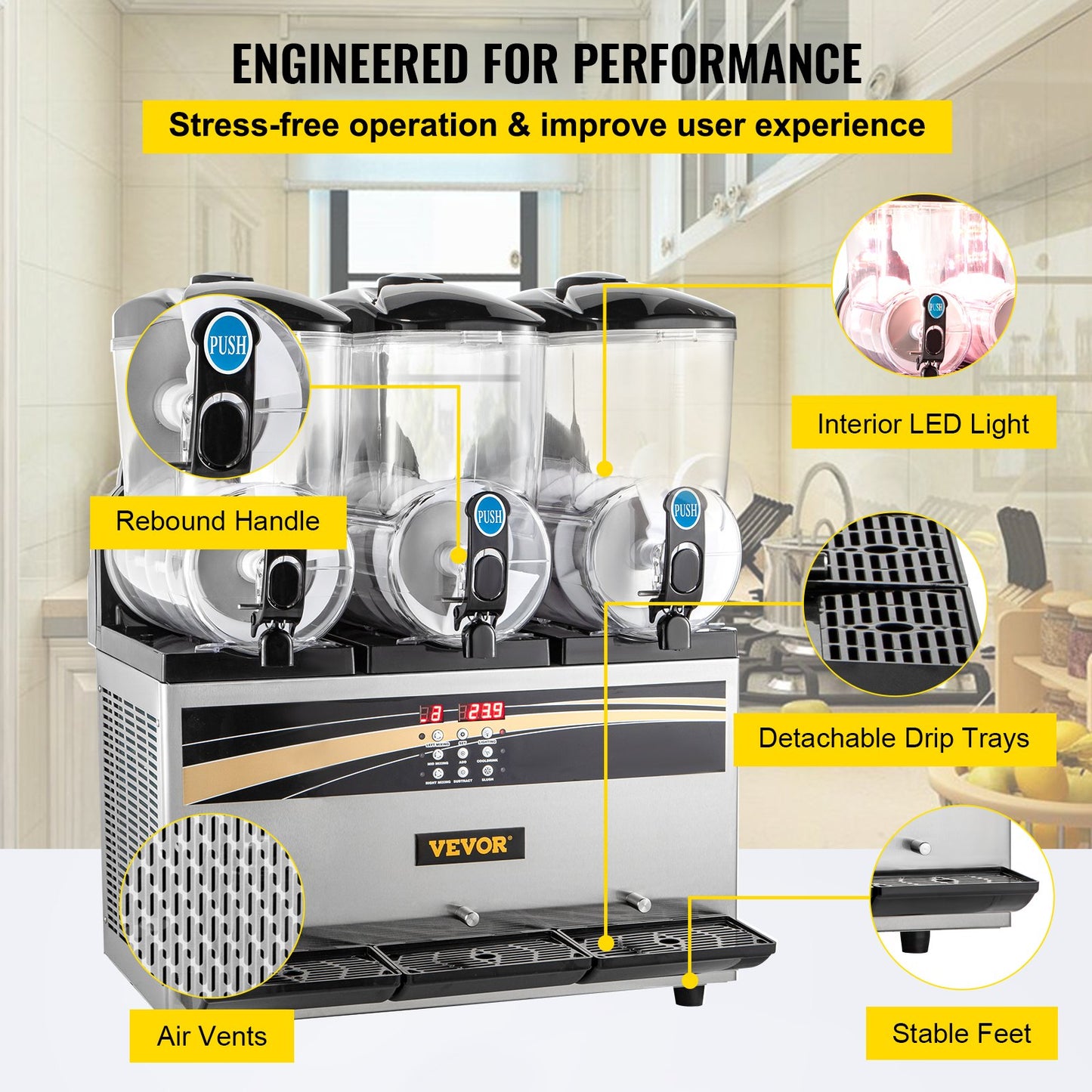 VEVOR Slush Frozen Drink Machine, 3x15L Tank Commercial Margarita Machine, 800W