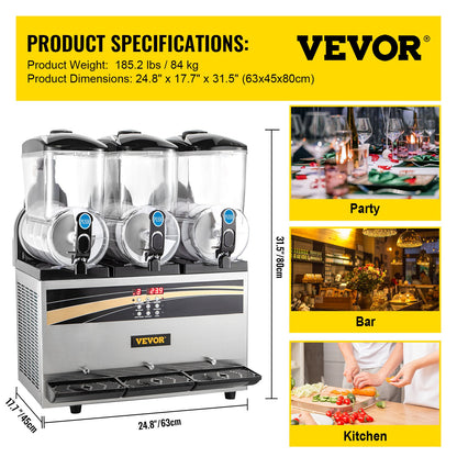 VEVOR Slush Frozen Drink Machine, 3x15L Tank Commercial Margarita Machine, 800W