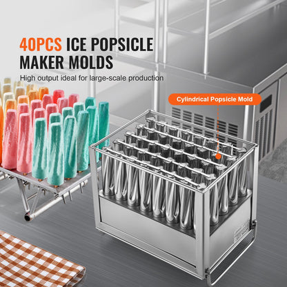 Commercial Stainless Steel Popsicle Mould Set, 40 PCS, Includes Sticks & Bags