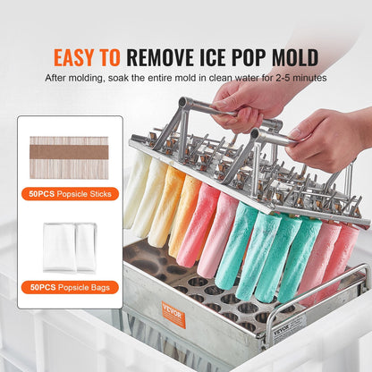 Commercial Stainless Steel Popsicle Mould Set, 40 PCS, Includes Sticks & Bags