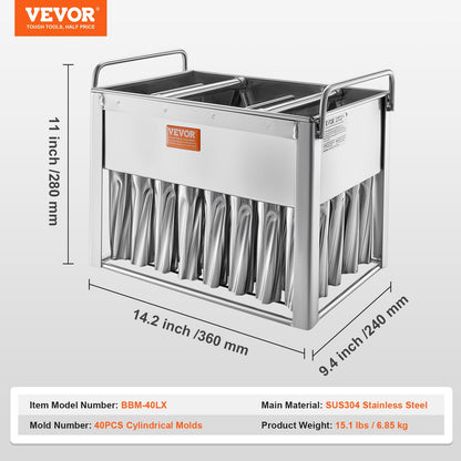 VEVOR Commercial Popsicle Moulds, 40PCS Cylindrical Ice Pop Moulds, Stainless Steel