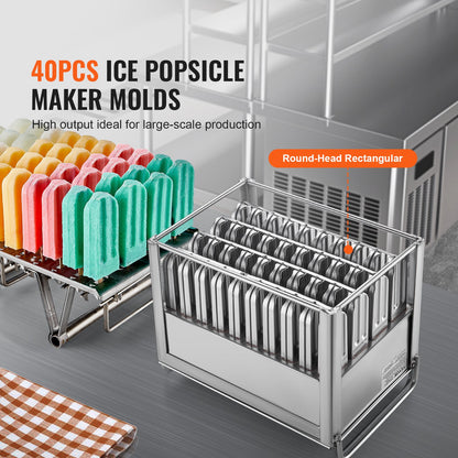 VEVOR Commercial Popsicle Moulds, 40PCS Round-Head Ice Pop Moulds with Double Slot,