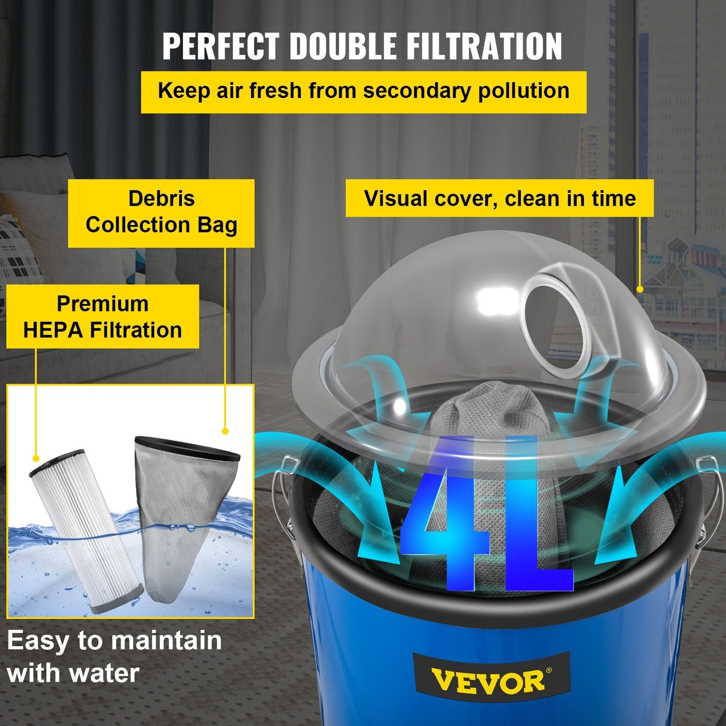Lightweight 4L Backpack Vacuum Cleaner with HEPA Filter and Telescoping Wand
