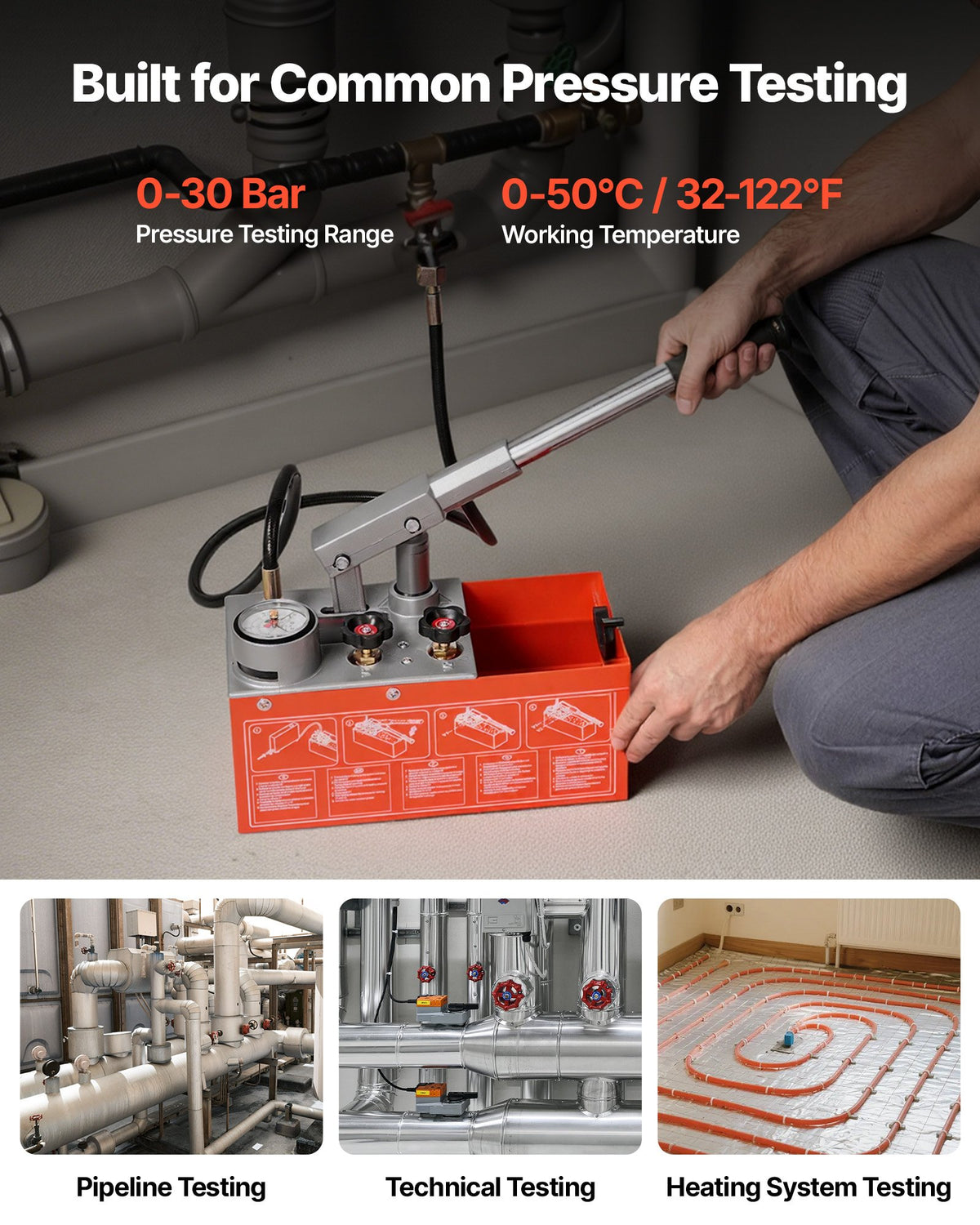 Hydrostatic Test Pump 6.06 L Hydraulic Manual Water Pressure Tester, Dual Valve Hydrostatic Water Pipe Leakage Pressure Test Pump Kit with Gauge & Tank, 0-30 Bar Range, for Pipeline Heating