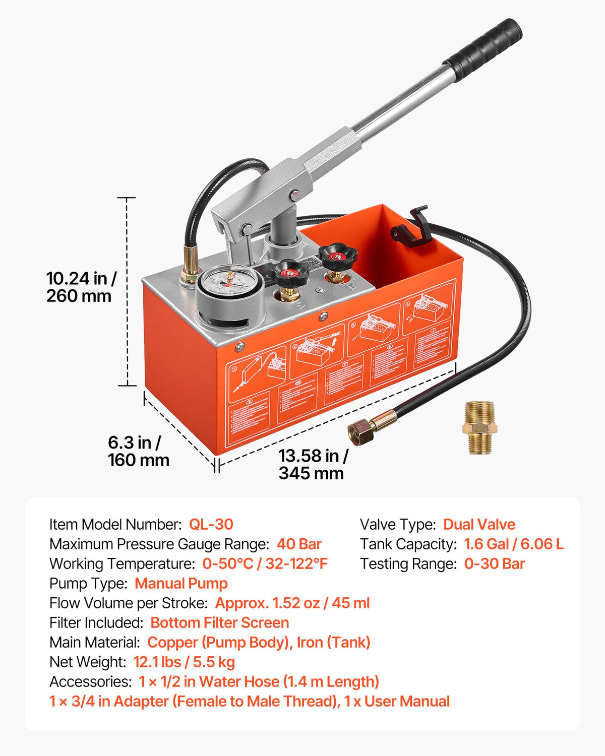 Hydrostatic Test Pump 6.06 L Hydraulic Manual Water Pressure Tester, Dual Valve Hydrostatic Water Pipe Leakage Pressure Test Pump Kit with Gauge & Tank, 0-30 Bar Range, for Pipeline Heating