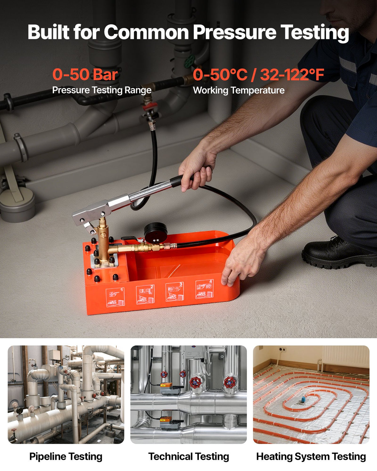Hydrostatic Test Pump 7.57 L Hydraulic Manual Water Pressure Tester, Single Valve Hydrostatic Water Pipe Leakage Pressure Test Pump Kit with Gauge & Tank, 0-50 Bar Range, for Pipeline Heating