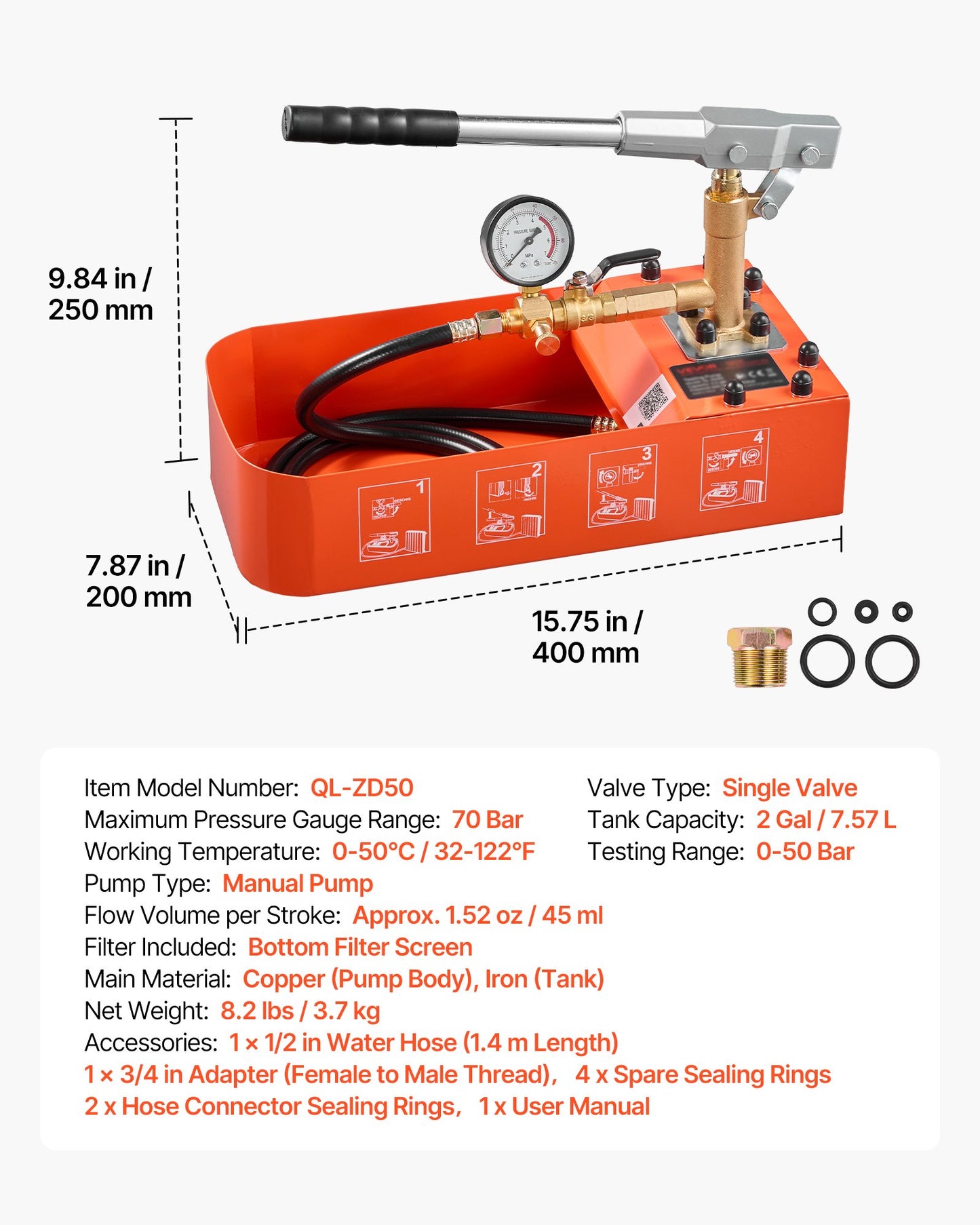 Hydrostatic Test Pump 7.57 L Hydraulic Manual Water Pressure Tester, Single Valve Hydrostatic Water Pipe Leakage Pressure Test Pump Kit with Gauge & Tank, 0-50 Bar Range, for Pipeline Heating