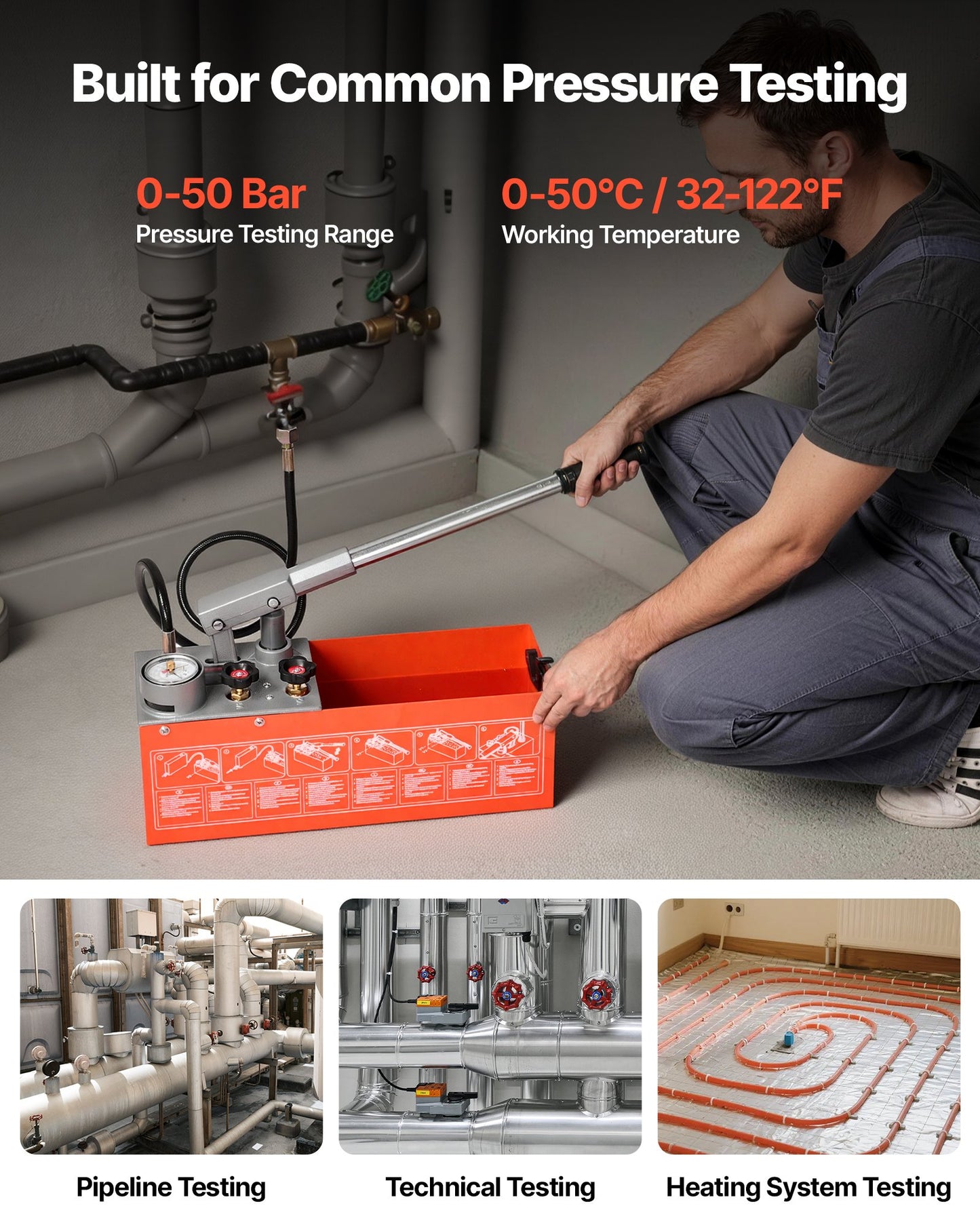 Hydrostatic Test Pump 11.36 L Hydraulic Manual Water Pressure Tester, Dual Valve Hydrostatic Water Pipe Leakage Pressure Test Pump Kit with Gauge & Tank, 0-50 Bar Range, for Pipeline, Heating