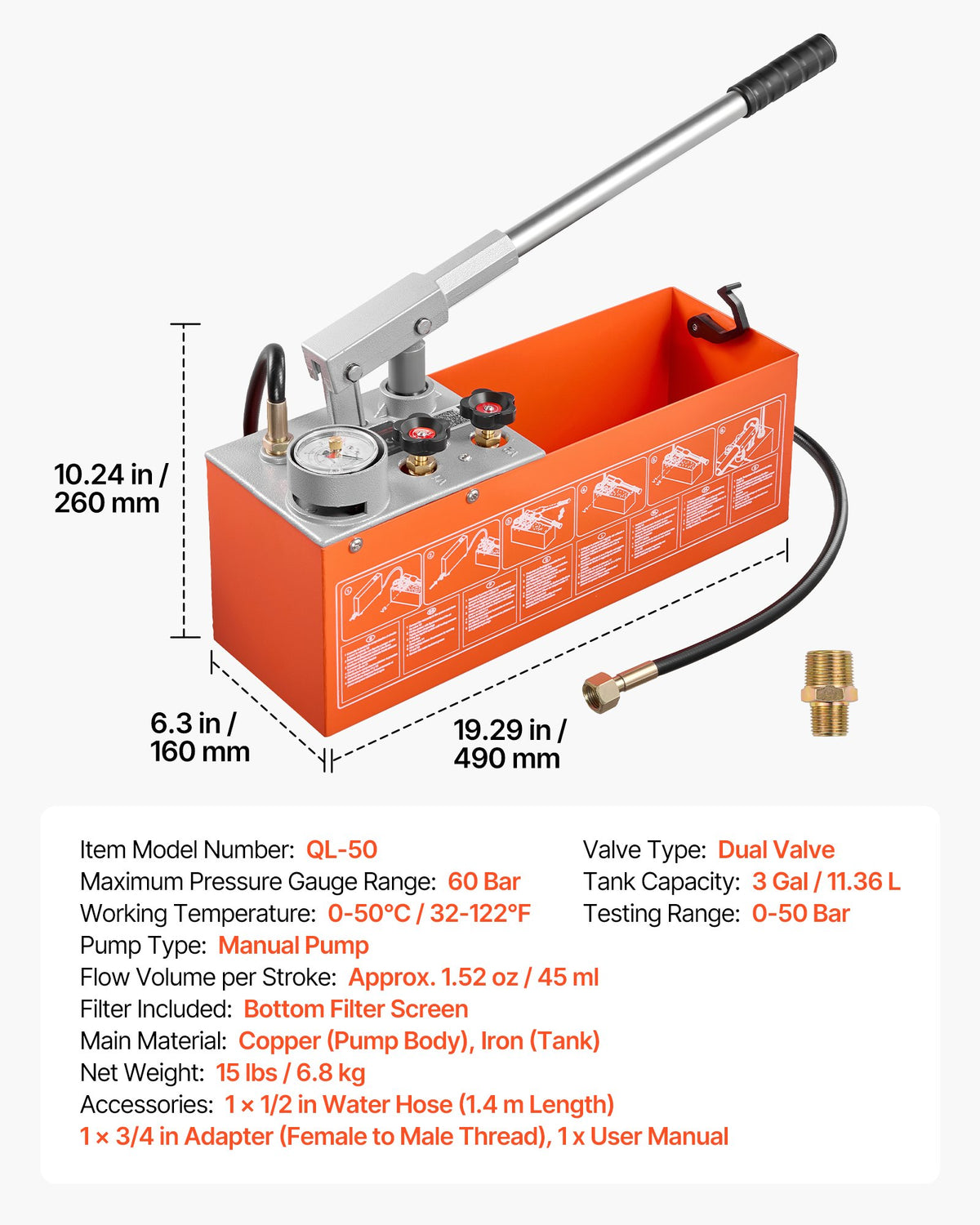 Hydrostatic Test Pump 11.36 L Hydraulic Manual Water Pressure Tester, Dual Valve Hydrostatic Water Pipe Leakage Pressure Test Pump Kit with Gauge & Tank, 0-50 Bar Range, for Pipeline, Heating