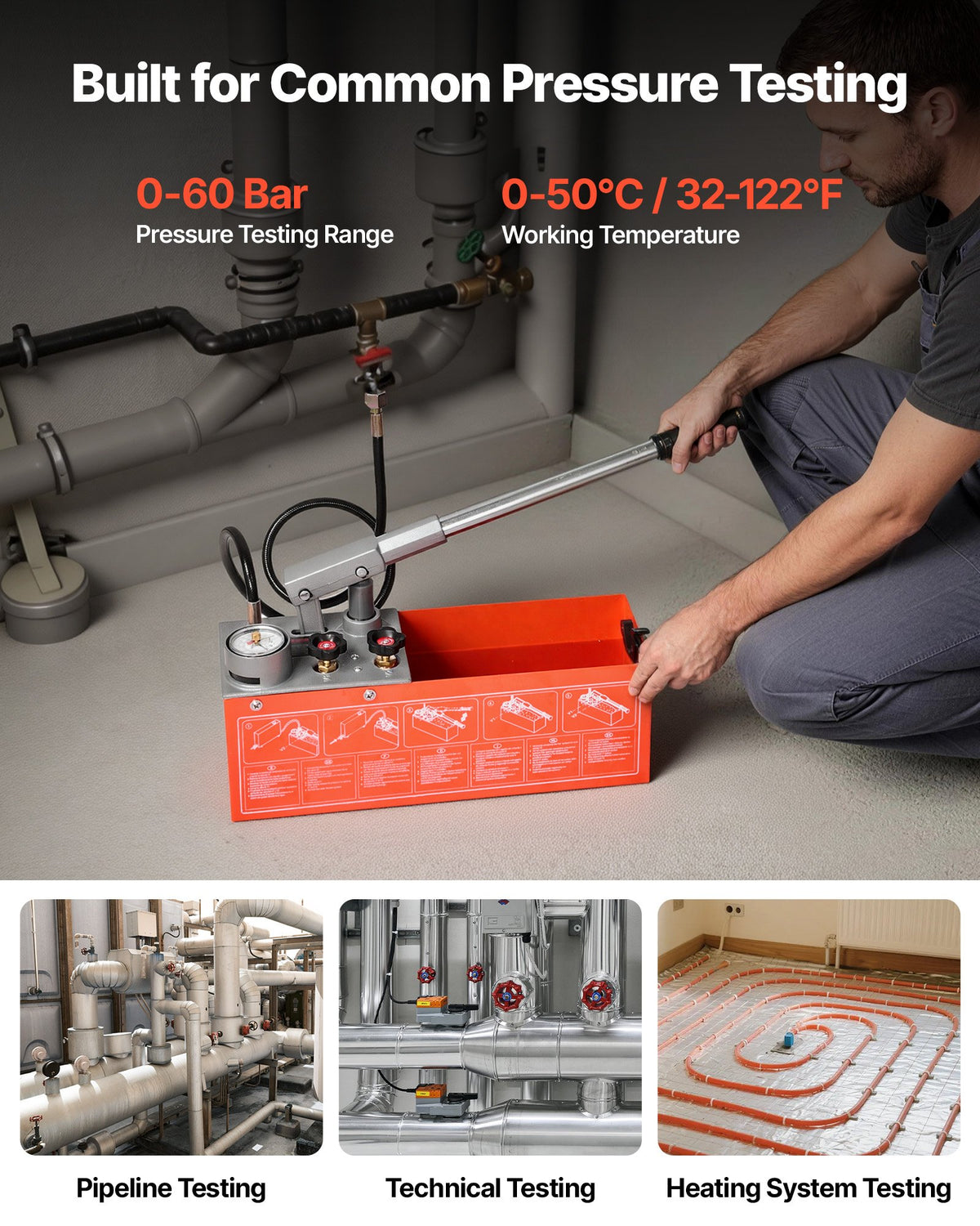 Hydrostatic Test Pump 7.57 L Hydraulic Manual Water Pressure Tester, Dual Valve Hydrostatic Water Pipe Leakage Pressure Test Pump Kit with Gauge & Tank, 0-60 Bar Range, for Pipeline, Heating
