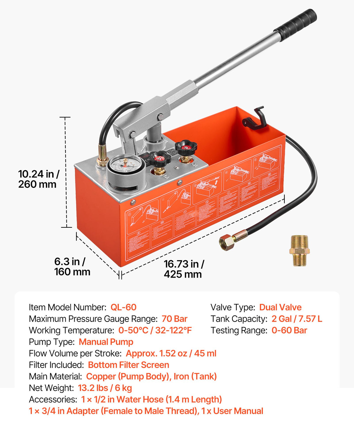 Hydrostatic Test Pump 7.57 L Hydraulic Manual Water Pressure Tester, Dual Valve Hydrostatic Water Pipe Leakage Pressure Test Pump Kit with Gauge & Tank, 0-60 Bar Range, for Pipeline, Heating