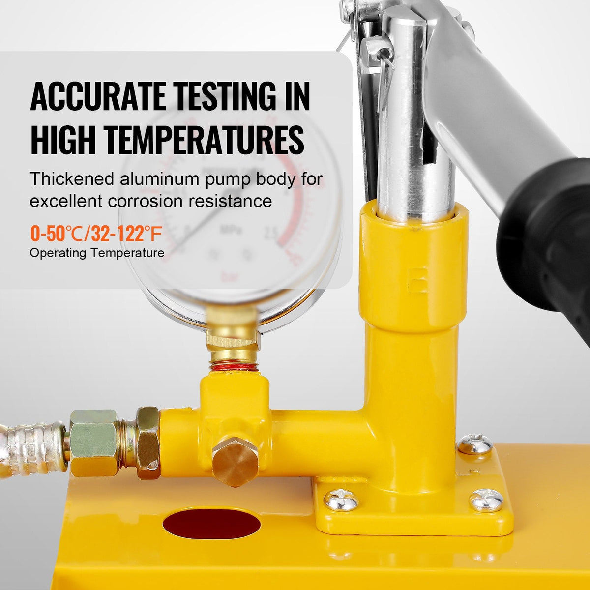 Portable pressure test pump with extended rubber-grip handle provides comfortable, precise pumping with less fatigue