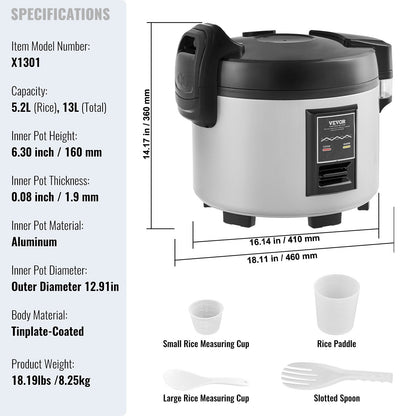 Commercial Rice Cooker 13L, Non-Stick, 12-Hour Warm, User-Friendly Design