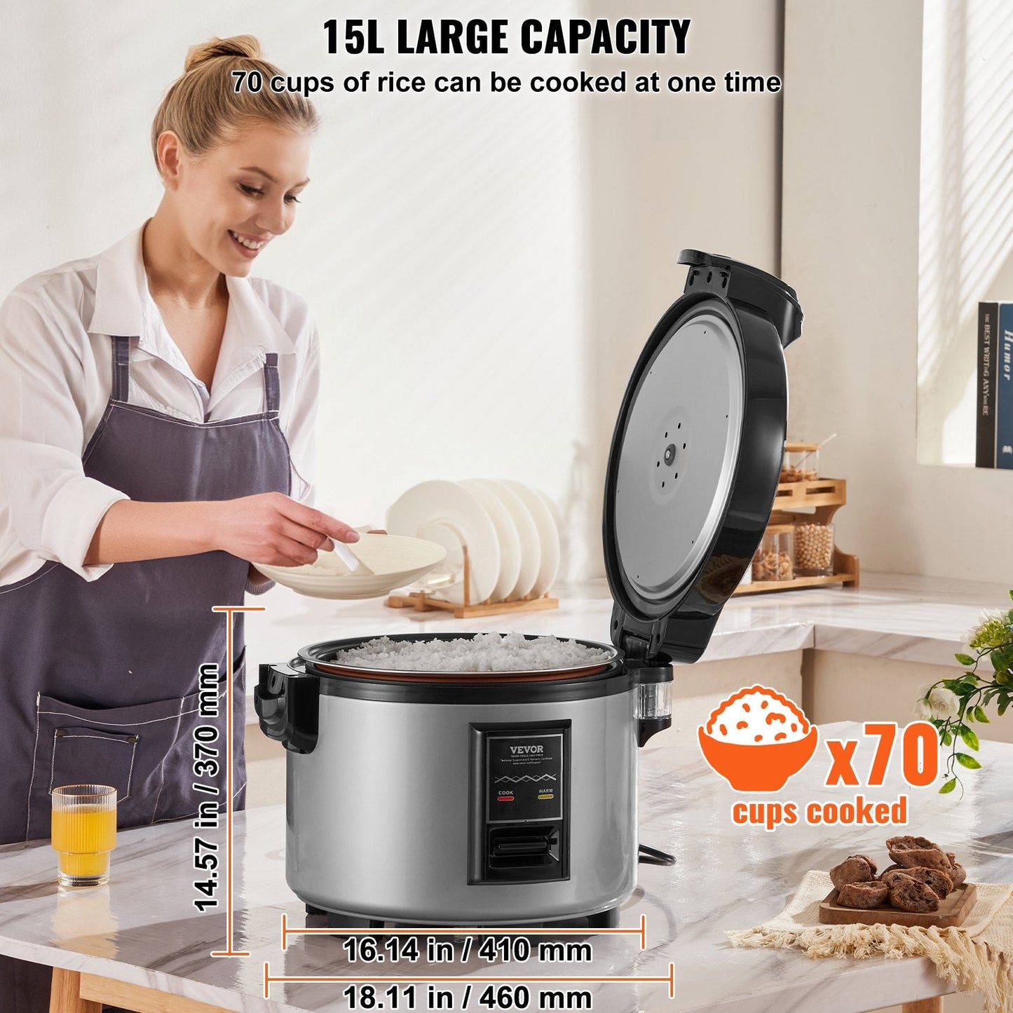 Commercial 70-Cup Rice Cooker, 15L Capacity, 12-Hour Keep Warm Function