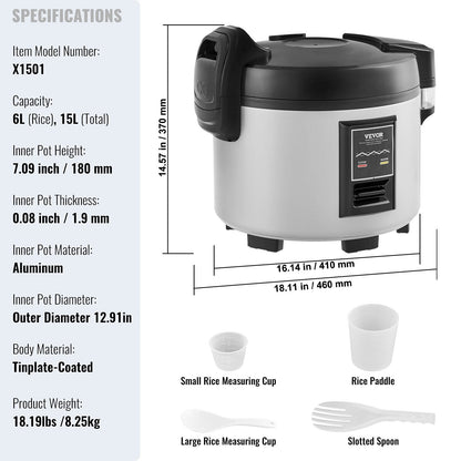 Commercial 70-Cup Rice Cooker, 15L Capacity, 12-Hour Keep Warm Function