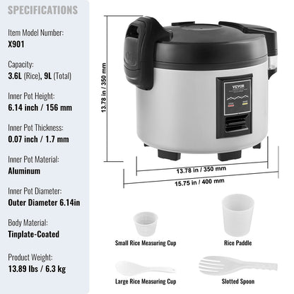 Commercial Rice Cooker, 9L Capacity, 12-Hour Keep-Warm, Non-Stick Pot