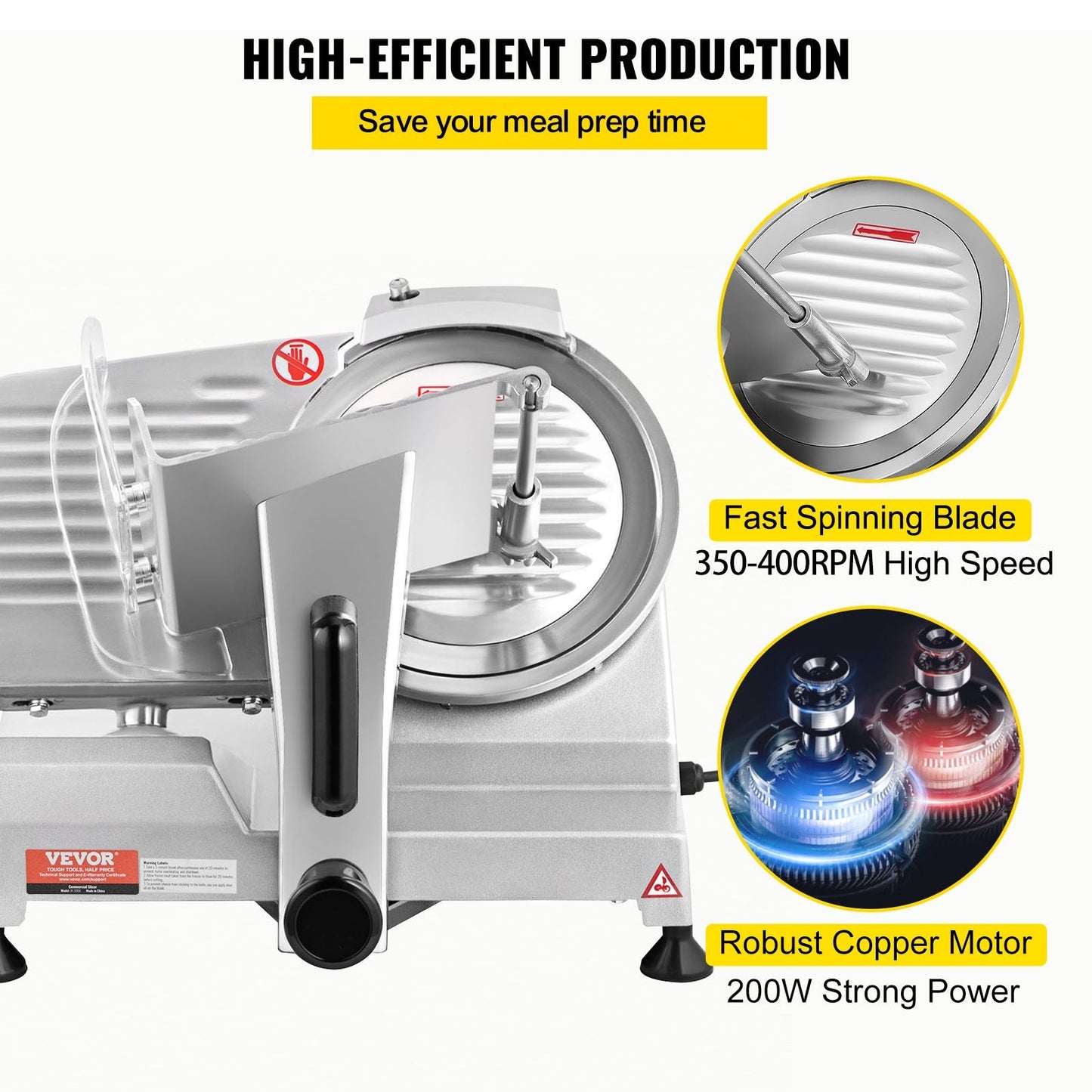 Electric Meat Slicer, 200W, 350-400RPM with 0-12mm Adjustable Thickness Blade