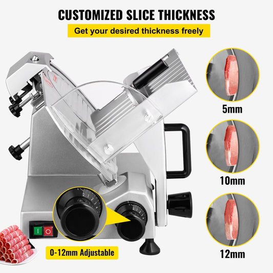 Electric Meat Slicer, 200W, 350-400RPM with 0-12mm Adjustable Thickness Blade