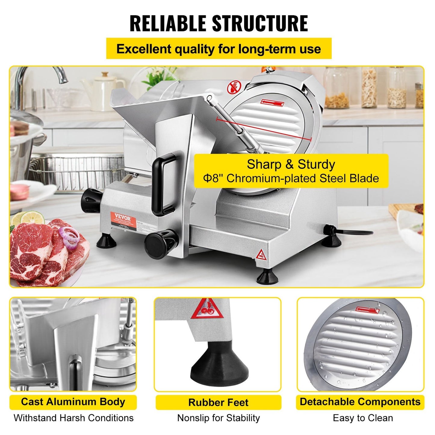 Electric Meat Slicer, 200W, 350-400RPM with 0-12mm Adjustable Thickness Blade