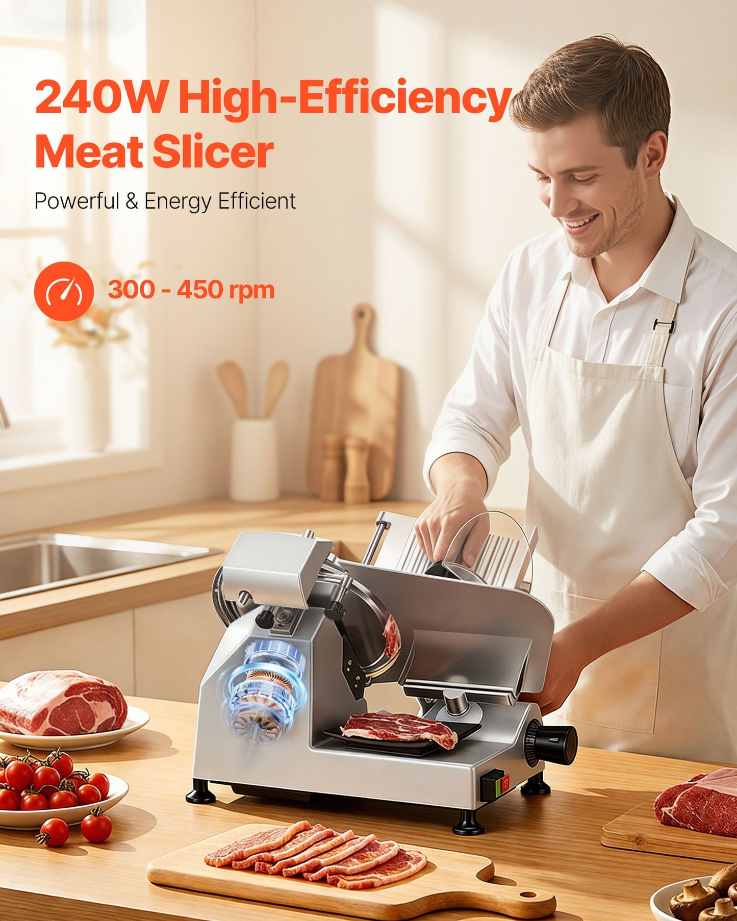 Commercial Meat Slicer, 240W Electric Deli Food Slicer with 250mm Carbon Steel Blade, Built-In Sharpener & 0-12mm Adjustable Thickness for Frozen Meat, Ham, Baguett, Steak
