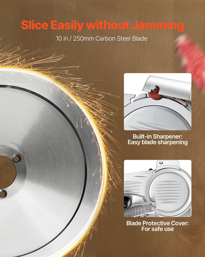 Commercial Meat Slicer, 240W Electric Deli Food Slicer with 250mm Carbon Steel Blade, Built-In Sharpener & 0-12mm Adjustable Thickness for Frozen Meat, Ham, Baguett, Steak