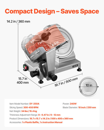Commercial Meat Slicer, 240W Electric Deli Food Slicer with 250mm Carbon Steel Blade, Built-In Sharpener & 0-12mm Adjustable Thickness for Frozen Meat, Ham, Baguett, Steak