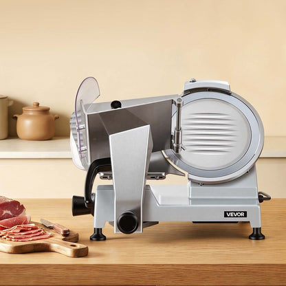 Commercial Meat Slicer, 240W Electric Deli Food Slicer with 250mm Carbon Steel Blade, Built-In Sharpener & 0-12mm Adjustable Thickness for Frozen Meat, Ham, Baguett, Steak