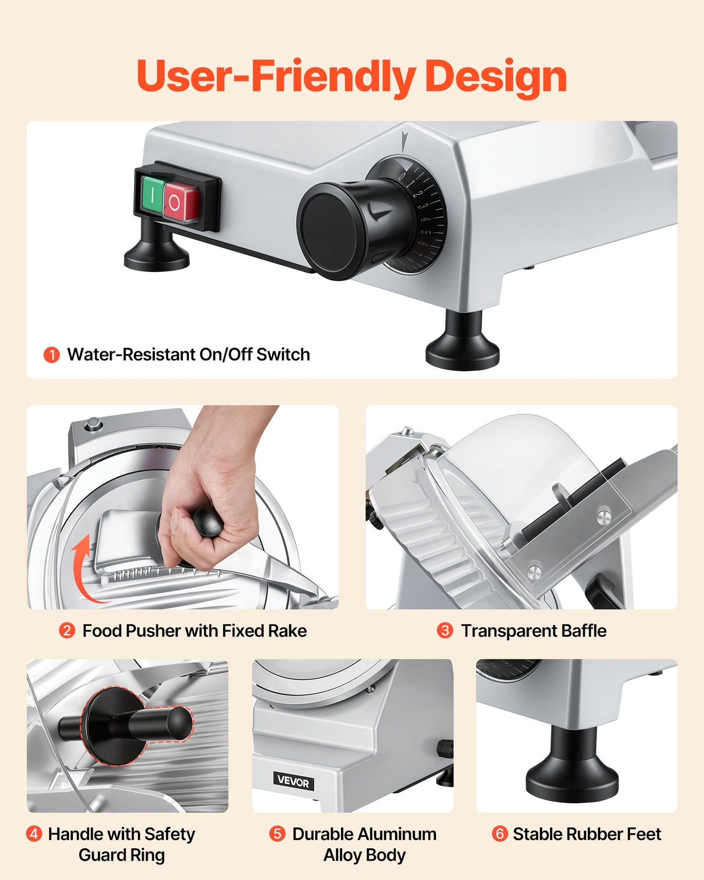 Commercial Meat Slicer, 240W Electric Deli Food Slicer with 250mm Carbon Steel Blade, Built-In Sharpener & 0-12mm Adjustable Thickness for Frozen Meat, Ham, Baguett, Steak