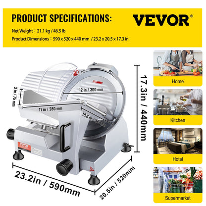 Electric Deli Food Slicer, 320W, 0-0.15m Adjustable Thickness, 12m Steel Blade