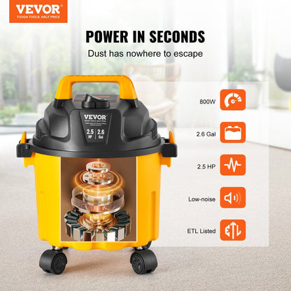 10L Wet/Dry Vacuum, 2HP, Portable, Waterproof, Yellow, with Blower Function