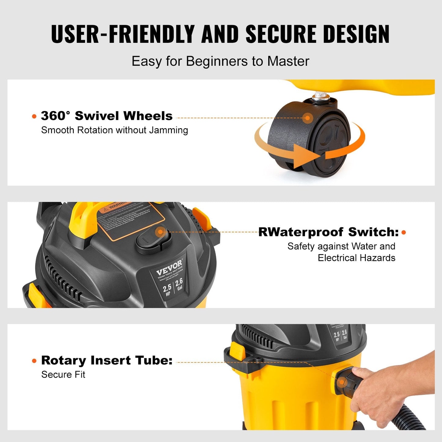 10L Wet/Dry Vacuum, 2HP, Portable, Waterproof, Yellow, with Blower Function