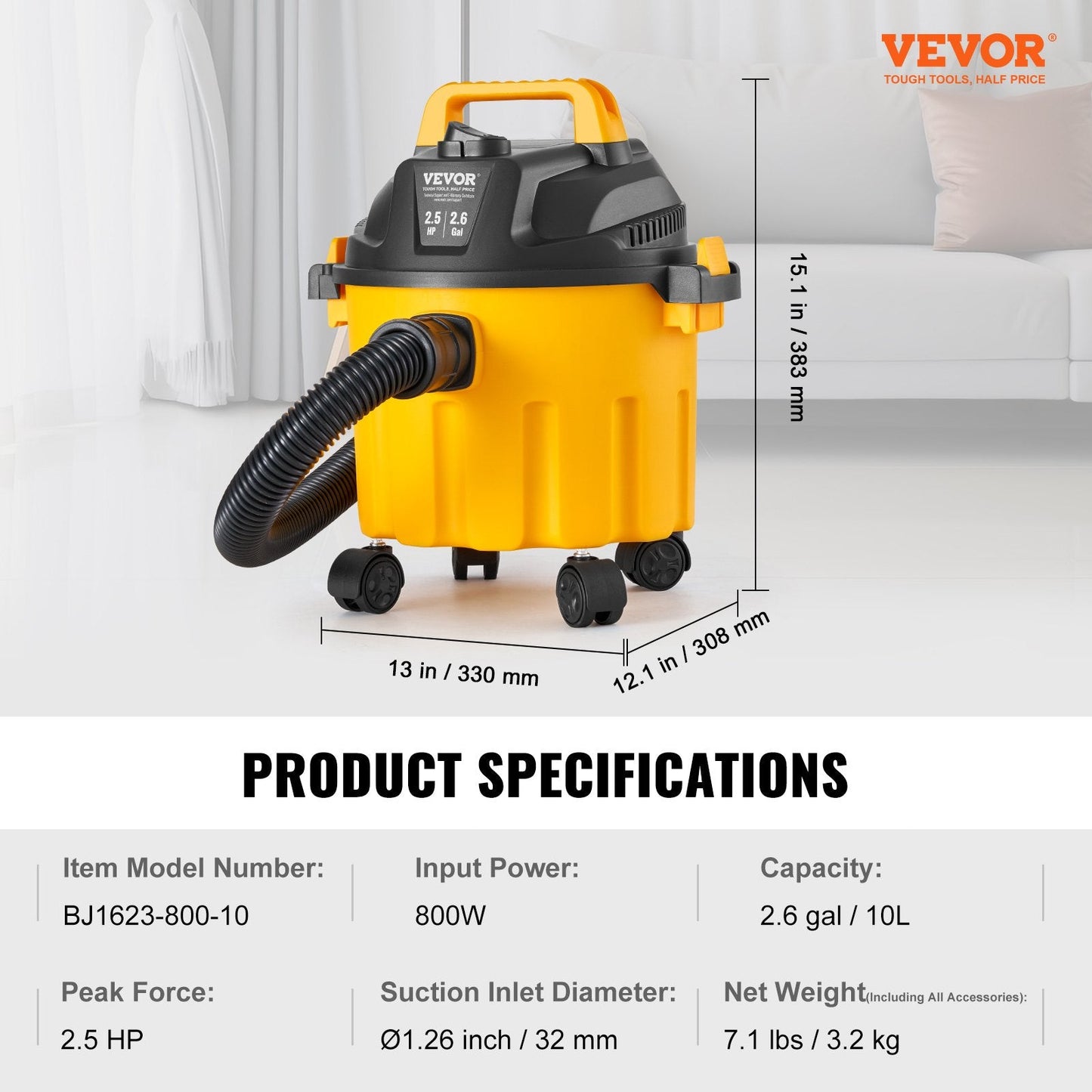 10L Wet/Dry Vacuum, 2HP, Portable, Waterproof, Yellow, with Blower Function