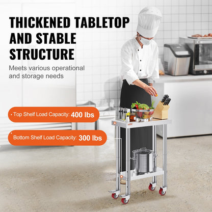 Stainless Steel Prep Table with Wheels, 0.6 x 0.3 x 0.8m, Adjustable Height