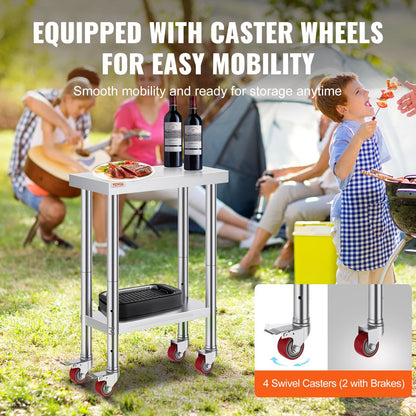 Stainless Steel Prep Table with Wheels, 0.6 x 0.3 x 0.8m, Adjustable Height