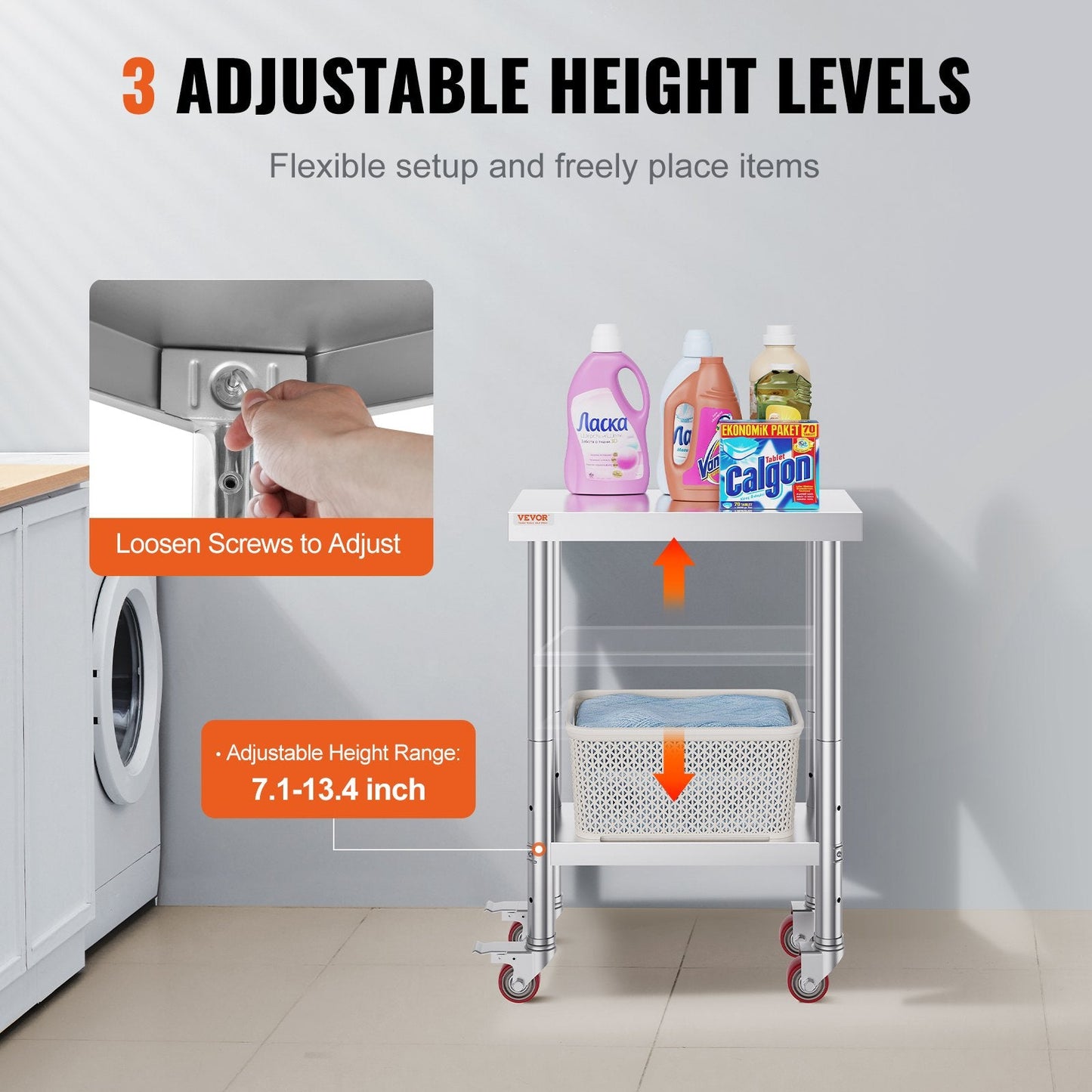 Stainless Steel Prep Table with Wheels, 0.6 x 0.3 x 0.8m, Adjustable Height