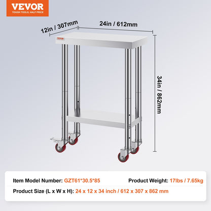 Stainless Steel Prep Table with Wheels, 0.6 x 0.3 x 0.8m, Adjustable Height