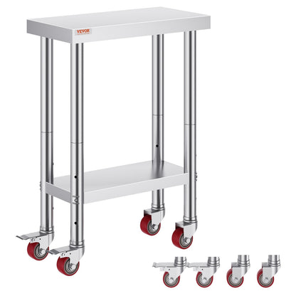 Stainless Steel Prep Table with Wheels, 0.6 x 0.3 x 0.8m, Adjustable Height