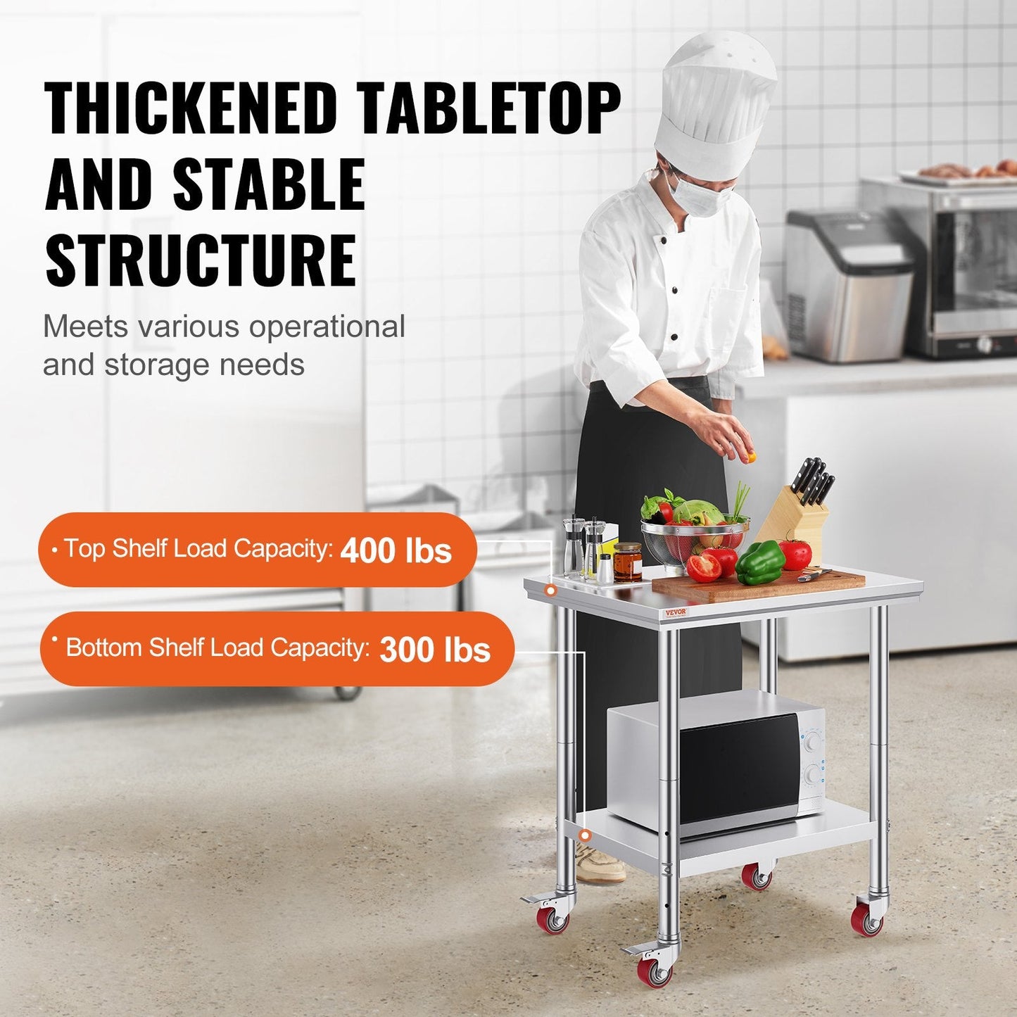 Stainless Steel Work Table with Wheels, 0.76 x 0.6 m, Adjustable Height, 318 kg Capacity