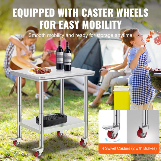 Stainless Steel Work Table with Wheels, 0.76 x 0.6 m, Adjustable Height, 318 kg Capacity