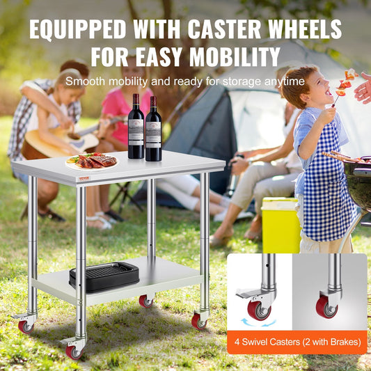 Stainless Steel Work Table with Wheels, 0.9x0.6m, Adjustable Height, 318kg Capacity