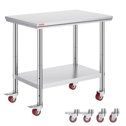 Stainless Steel Work Table with Wheels, 0.9x0.6m, Adjustable Height, 318kg Capacity