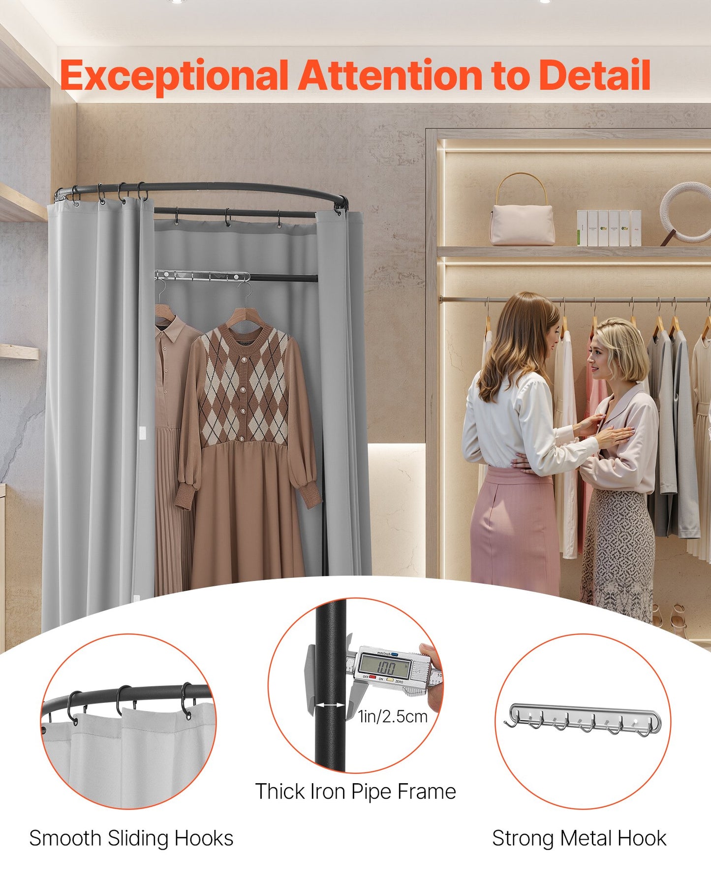 Fitting Room, Dressing Room with Thick Polyester Curtains, Privacy Space with Shading Curtain and a Hook, for Boutique, Mall, Tailor's Store & Outdoor 100 x 95 x 200 cm (Black and Gray-White)