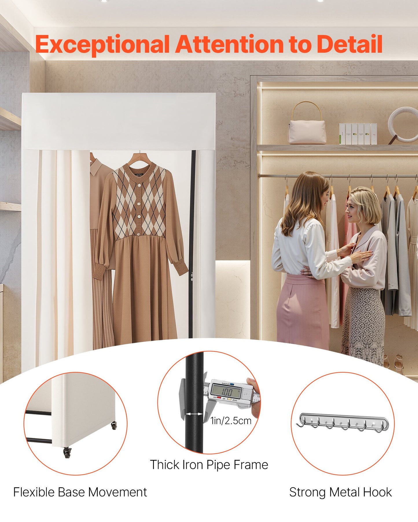 Fitting Room, Moveable Dressing Room with Thick Curtains, Privacy Space with Casters and a Sturdy Metal Hook, for Boutique, Mall, Tailor's Store & Outdoor (99 x 99 x 204.5 cm, Black and Beige)