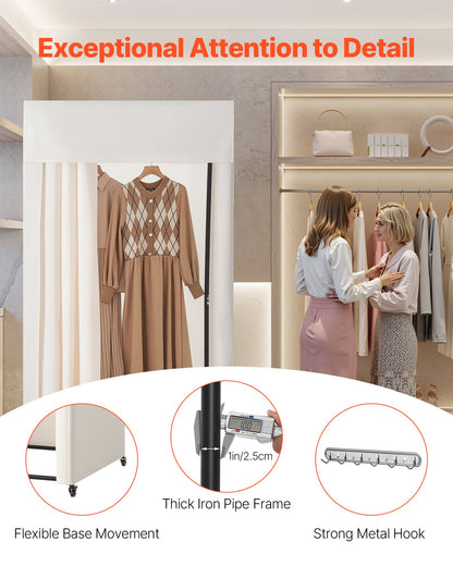 Fitting Room, Moveable Dressing Room with Thick Curtains, Privacy Space with Casters and a Sturdy Metal Hook, for Boutique, Mall, Tailor's Store & Outdoor (99 x 99 x 204.5 cm, Black and Beige)