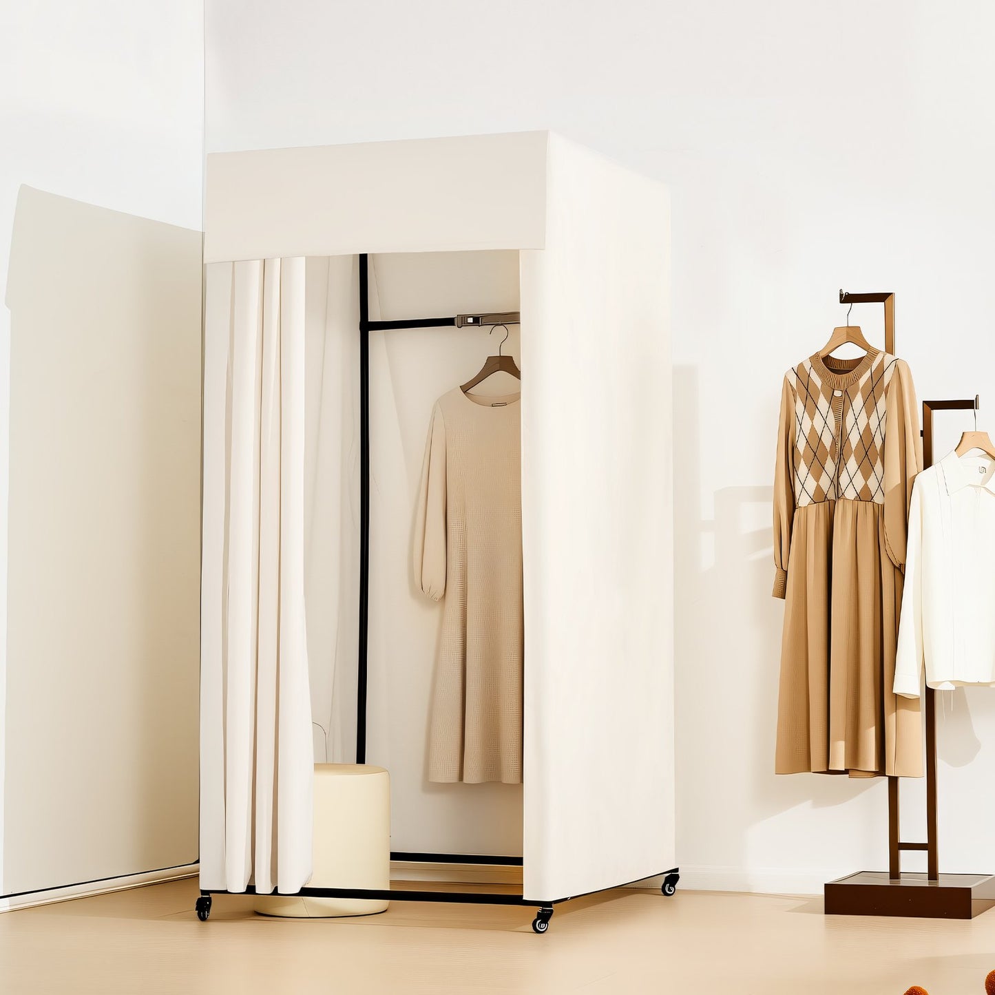 Fitting Room, Moveable Dressing Room with Thick Curtains, Privacy Space with Casters and a Sturdy Metal Hook, for Boutique, Mall, Tailor's Store & Outdoor (99 x 99 x 204.5 cm, Black and Beige)